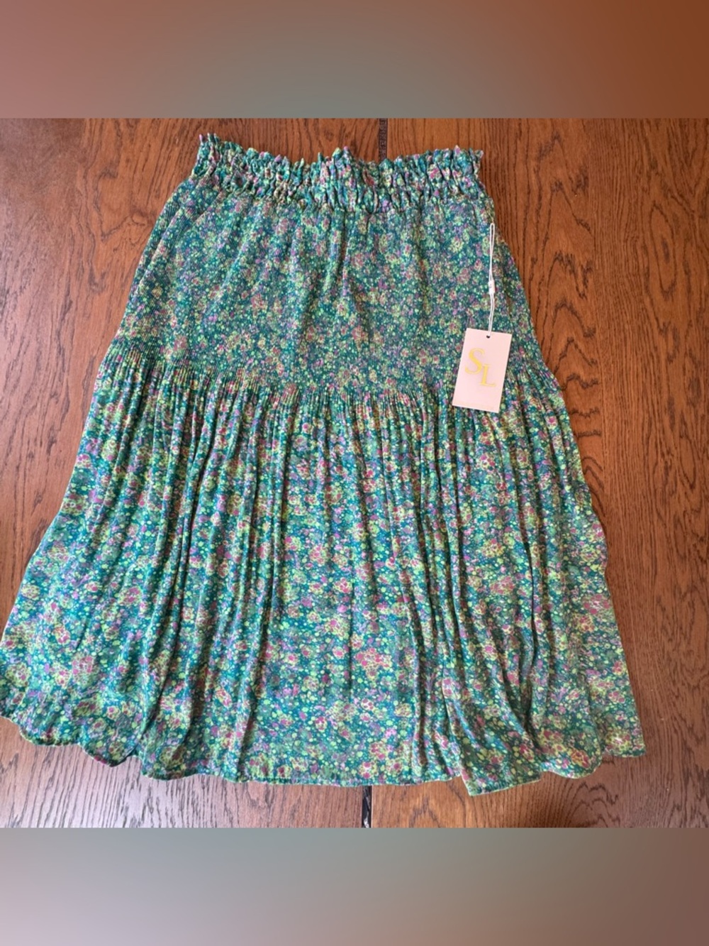 Sunny Leigh NWT Green Floral Midi Skirt Smocked Waist Juniper Green Size S